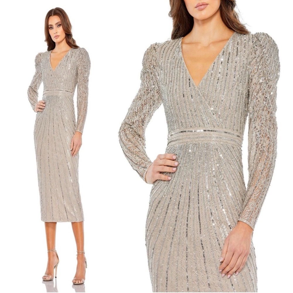 Mac Duggal 93676 Beaded Lace V-Neck Midi Dress‎ Taupe Silver 6